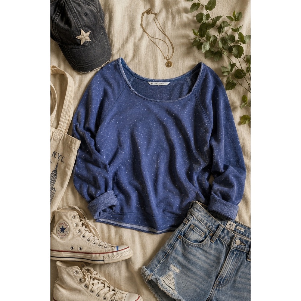 Victoria's Secret Blue Speckled Off Shoulder Raglan Sweatshirt Lightweight L